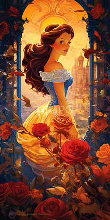 High Resolution: Belle from Disney's Beauty and Beast standing in an ornate archway filled with red roses download. | HRJPG.com