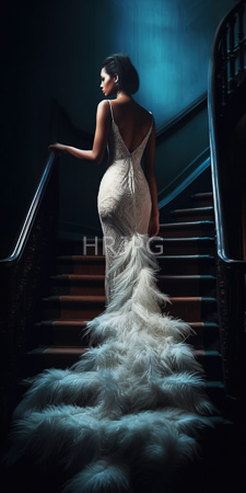 High Resolution: Elegant woman with dark hair in a sleek updo wearing a backless white lace gown that flares into feathered layers as she ascends dim-lit stairs download. | HRJPG.com