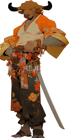 High Resolution: Anthropomorphic bull-man with brown fur large horns and muscular build wearing traditional Japanese attire—orange floral kimono download. | HRJPG.com