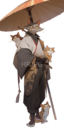 High Resolution: Anthropomorphic gray cat in traditional Japanese attire holding a large paper umbrella and standing confidently on wooden sandals download. | HRJPG.com