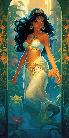 High Resolution: Elegant dark-skinned woman with long black hair and golden jewelry in ancient-inspired attire wearing white fabric draped as topless bandeau-style clothing download. | HRJPG.com