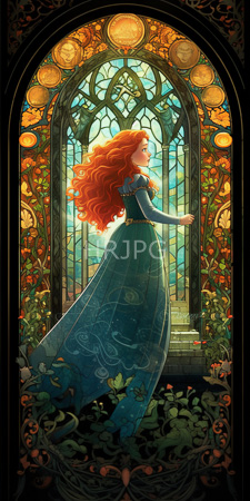 High Resolution: Ethereal red-haired woman with flowing curls in a long teal gown adorned with star patterns and gold trimmings download. | HRJPG.com
