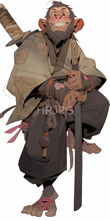 High Resolution: Anthropomorphic monkey warrior with brown fur wearing tattered beige robes and black pants holding a long sword download. | HRJPG.com