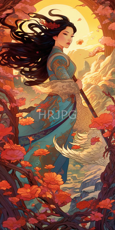 High Resolution: Asian woman with long black hair wearing ornate blue and gold traditional clothing holding a staff amidst vibrant red flowers download. | HRJPG.com