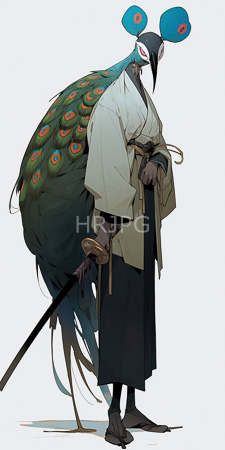 High Resolution: Anthropomorphic peacock warrior with green patterned feathers and blue eye spots on its head wearing traditional Japanese attire download. | HRJPG.com