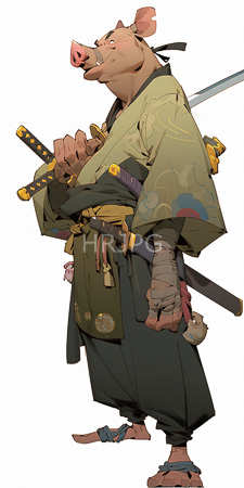 High Resolution: Anthropomorphic pig warrior standing confidently wearing traditional Japanese attire with green and brown patterns on his kimono-like robe download. | HRJPG.com