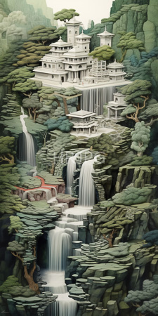 High Resolution: Elaborate white-pagoda-style temple nestled among lush greenery and cascading waterfalls on rocky cliffs download. | HRJPG.com