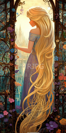 High Resolution: Rapunzel from "Tangled" with long flowing blonde hair and an off-shouldered purple dress standing in front of ornate floral archway download. | HRJPG.com