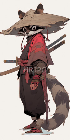 High Resolution: Anthropomorphic raccoon warrior in traditional Japanese attire featuring red and black robes with loose sleeves download. | HRJPG.com