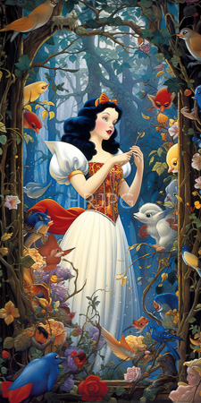 High Resolution: Snow White in an enchanting forest surrounded by colorful birds and flowers within twisted tree branches download. | HRJPG.com