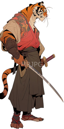 High Resolution: Anthropomorphic tiger warrior standing confidently wearing traditional Japanese attire with red and beige robes adorned by intricate tattoos download. | HRJPG.com