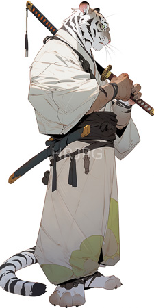 High Resolution: Anthropomorphic white tiger standing in profile wearing traditional Japanese attire with loose sleeves and green patterns on beige fabric download. | HRJPG.com