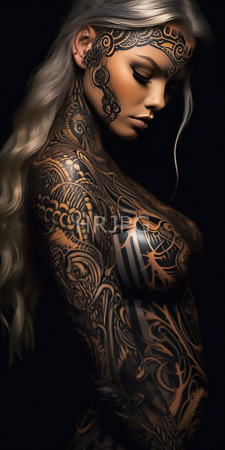 High Resolution: Ethereal woman with long wavy silver hair and dark skin adorned in intricate black tribal tattoos covering her entire body download. | HRJPG.com