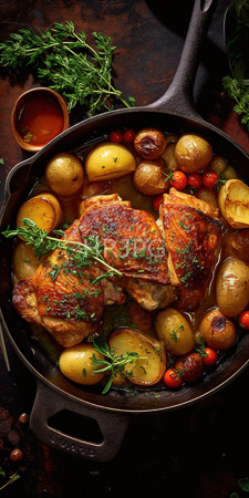 High Resolution: Roasted chicken with crispy skin garnished with fresh thyme and rosemary leaves surrounded by golden brown potatoes and red cherry tomatoes download. | HRJPG.com