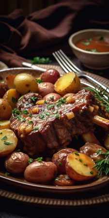 High Resolution: Rustic warmly lit plate featuring tender braised beef chunks with visible marbling and herbs on top surrounded by roasted red potatoes download. | HRJPG.com