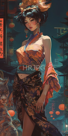 High Resolution: Asian woman with dark hair in elaborate floral kimono orange and black patterns standing confidently beside two lion-dog statues download. | HRJPG.com