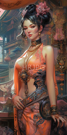 High Resolution: Asian woman with fair skin and black hair in intricate updo adorned by pink flowers wearing ornate gold jewelry over orange floral-patterned halter top download. | HRJPG.com