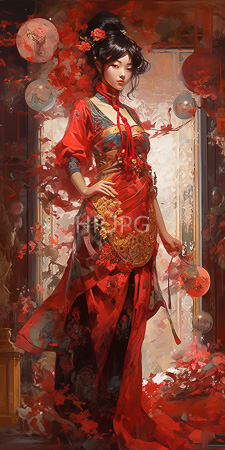 High Resolution: Asian woman with fair skin and black hair in intricate red traditional Chinese dress adorned with gold patterns standing amidst swirling pink-red petals download. | HRJPG.com