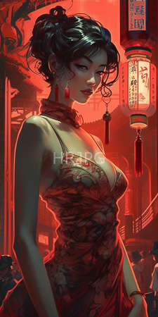High Resolution: Asian woman with fair skin and black hair in intricate updo wearing red floral-patterned cheongsam dress revealing ample cleavage download. | HRJPG.com