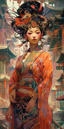High Resolution: East Asian woman with fair skin and delicate features wearing ornate traditional Chinese attire in vibrant reds and oranges adorned with gold patterns download. | HRJPG.com