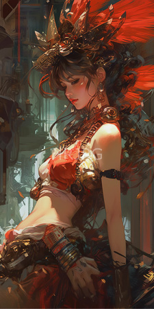 High Resolution: Asian woman with long wavy black hair adorned in vibrant red and gold feathered headdress wearing ornate jewelry download. | HRJPG.com