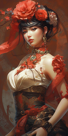 High Resolution: Asian woman with fair skin and black hair adorned in red flowers wearing ornate jewelry set against intricate patterns on her white blouse and brown corset download. | HRJPG.com