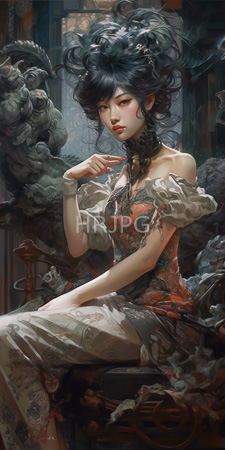 High Resolution: Ethereal Asian woman with pale skin and black voluminous hair in intricate updo style sitting on ornate furniture adorned by dark feathers download. | HRJPG.com