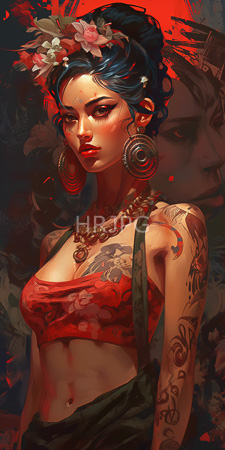 High Resolution: Attractive tattooed woman with dark blue hair adorned in flowers and large circular earrings wearing red floral crop top download. | HRJPG.com