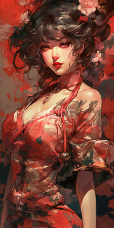 High Resolution: Asian woman with wavy black hair adorned in pink and red floral patterns wearing a revealing traditional Chinese dress that highlights her large breasts download. | HRJPG.com