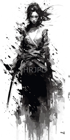 High Resolution: Black-and-white drawing of an intense dark-haired woman with piercing eyes and flowing hair holding a sword at her side download. | HRJPG.com