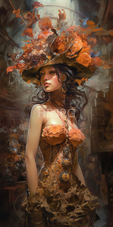 High Resolution: Ethereal dark-haired woman with fair skin in ornate Victorian-inspired attire featuring orange and brown floral patterns download. | HRJPG.com