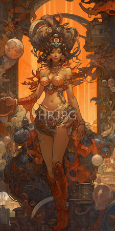 High Resolution: Ornately adorned dark-skinned woman with voluminous curly hair and large turquoise eyes standing in front of glowing orange arches amidst intricate machinery download. | HRJPG.com