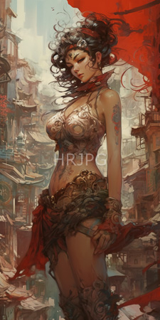 High Resolution: Asian woman with dark curly hair in intricate updo wearing ornate lace top and red scarf; her midriff is adorned with tattoos download. | HRJPG.com