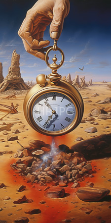 High Resolution: Surreal painting depicts an aged tan-skinned hand holding up a gold pocket watch with black Roman numerals against a desert landscape download. | HRJPG.com