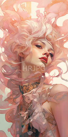 High Resolution: Ethereal fair-skinned woman with flowing pink hair and red lips against pastel background download. | HRJPG.com