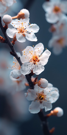 High Resolution: Delicate white cherry blossoms with yellow stamens and orange buds on dark brown branches set against an out-of-focus blue background download. | HRJPG.com