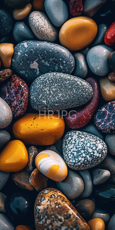 High Resolution: Various smooth multicolored pebbles closely packed together; colors include gray with white speckling yellow-orange deep red marbled texture and dark blue-green hues download. | HRJPG.com