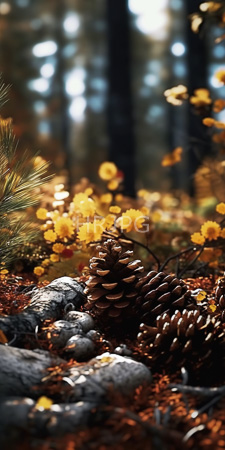 High Resolution: Autumn forest floor featuring two large brown pine cones in sharp focus amidst scattered gray rocks and orange-brown fallen leaves download. | HRJPG.com