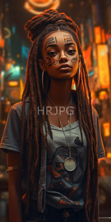 High Resolution: African-American woman with long thick dreadlocks and dark brown skin standing in front of neon-lit cityscape background at night download. | HRJPG.com