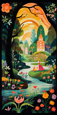 High Resolution: Whimsical forest scene at sunset with vibrant colors and stylized shapes; a woman in red dress stands by a pond near colorful flowers download. | HRJPG.com