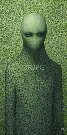 High Resolution: Androgynous bald humanoid figure with greenish skin covered in overlapping leaf-like textures download. | HRJPG.com