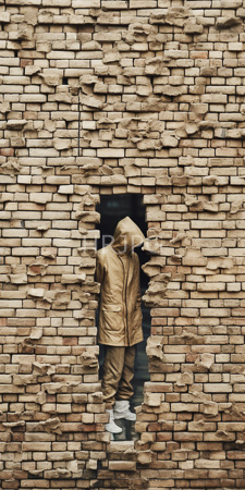 High Resolution: Person in gold-colored hooded raincoat and pants standing with back to camera through rectangular hole in textured beige brick wall download. | HRJPG.com