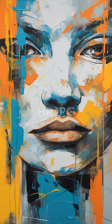 High Resolution: Abstract colorful painting of a face using thick brushstrokes and vibrant colors like blue orange yellow black white on canvas download. | HRJPG.com
