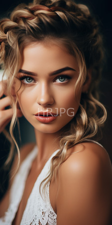 High Resolution: Attractive young woman with fair skin blue eyes and wavy blonde hair in braided crown style wearing white lace lingerie download. | HRJPG.com
