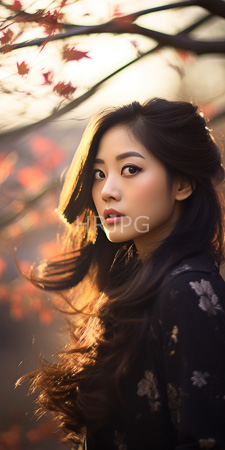 High Resolution: Asian woman with long flowing dark hair and fair skin standing outdoors during sunset among autumn leaves on tree branches in soft focus download. | HRJPG.com