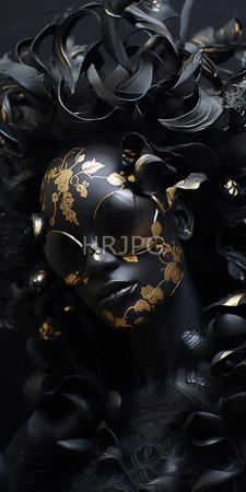 High Resolution: Intricately designed black metallic mask featuring gold floral patterns on its surface download. | HRJPG.com