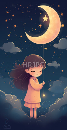 High Resolution: Adorable young girl with long brown hair standing on fluffy clouds at night under a glowing crescent moon adorned by stars download. | HRJPG.com