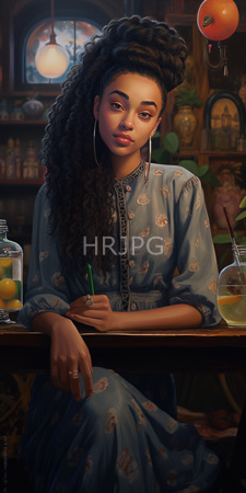 High Resolution: Attractive Black woman with dark curly hair in a high bun wearing large hoop earrings and blue floral dress sitting at a wooden bar download. | HRJPG.com