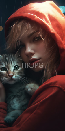 High Resolution: Ethereal young woman with fair skin and wavy blonde hair wearing a red hoodie as she gazes pensively at a small gray tabby kitten nestled in front of her chest download. | HRJPG.com