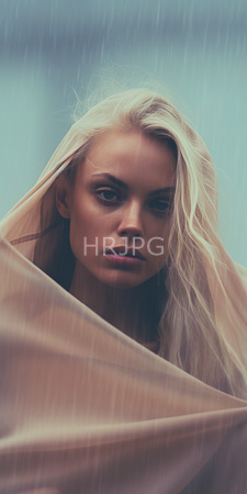 High Resolution: Intense blonde-haired woman with fair skin and striking features partially covered by beige fabric in rainy weather download. | HRJPG.com